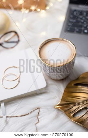 Lady Bloggers White Work Space With Gold Details, Laptop And Cof