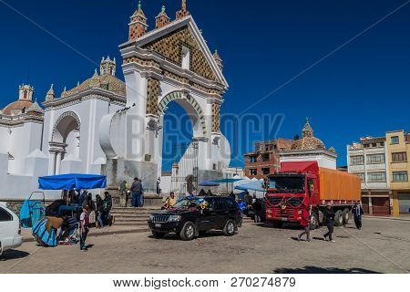 Copacabana, Bolivia - May 13, 2015: Blessing Of Automobiles In Front Of Copacabana Cathedral, Bolivi