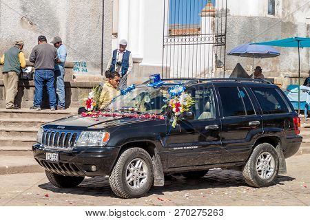 Copacabana, Bolivia - May 13, 2015: Blessing Of Automobiles In Front Of Copacabana Cathedral, Bolivi