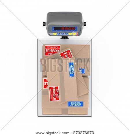 Stacked Cardboard Boxes Parcels Over Warehouse Digital Cargo Scales On A White Background. 3d Render