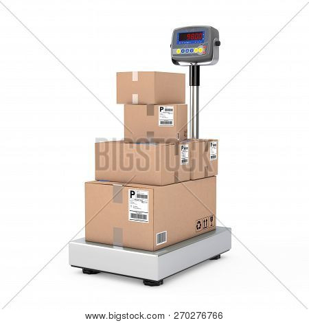 Stacked Cardboard Boxes Parcels Over Warehouse Digital Cargo Scales On A White Background. 3d Render