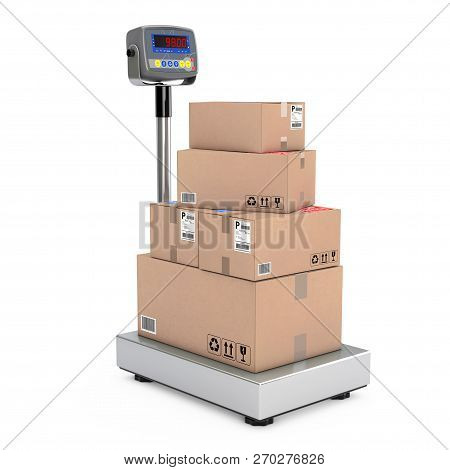 Stacked Cardboard Boxes Parcels Over Warehouse Digital Cargo Scales On A White Background. 3d Render
