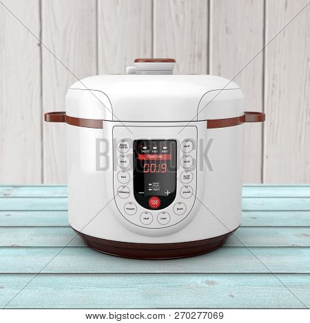 Modern Electric Multi Cooker On A Wooden Table. 3d Rendering