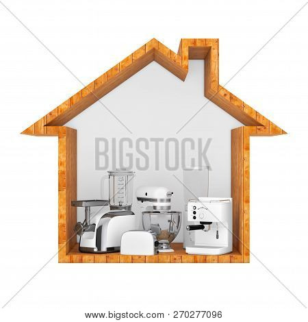 White Blender, Toaster, Coffee Machine, Meat Ginder, Food Mixer And Coffee Grinder In The Wooden Hou