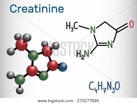 Creatinine Molecule. Structural Chemical Formula And Molecule Model. Vector Illustration
