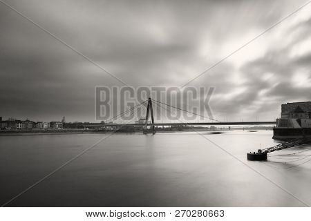 View Of The Severinsbridge And The Long River Rhine In Monochrome In Germany Cologne 2018.