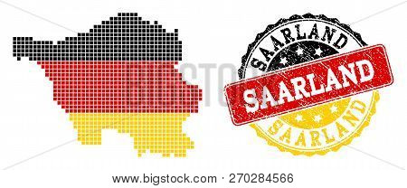 Pixelated Map Of Saarland State And Stamp Seal. Dotted Map Of Saarland State Has German Flag Colors.