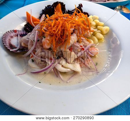 Closeup View To Ceviche, Traditional Peruvian Dish, Peru