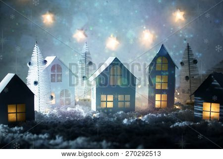 Christmas Magic Background With Little Decorative Houses, Beautiful Festive Still Life, Cute Small H
