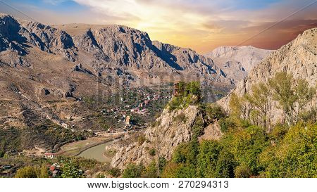 Kemaliye, Turkey - October 2018: Aerial Landscape View Of Kemaliye Town Between Valley In Kemaliye O