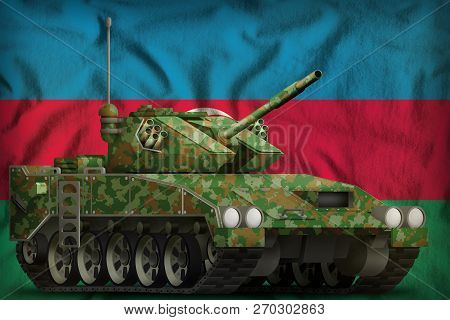 Light Tank Apc With Summer Camouflage On The Azerbaijan Flag Background. 3d Illustration