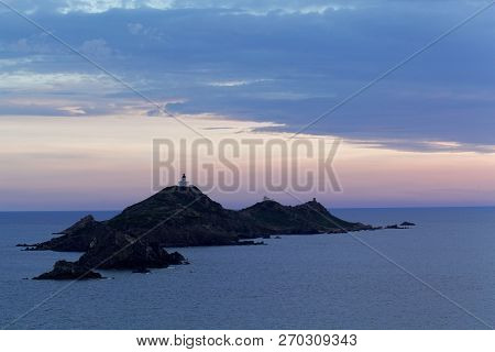The Island Ile Sanguinaires Near Ajaccio In Corsica, France, During Sunset.