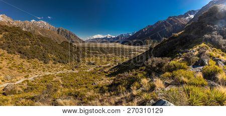 Blue Lakes and the mountains on the Tasman Valley Walk and Tasman Glacier View, South Island, New Zealand