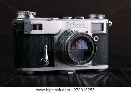 Moscow, Russia, April 18, 2017. The Old Soviet Rangefinder Camera Contax-2, Kiev-2a, Released 1956.