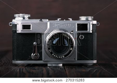 Moscow, Russia, April 18, 2017. The Old Soviet Rangefinder Camera Contax-2, Kiev-2a, Released 1956.