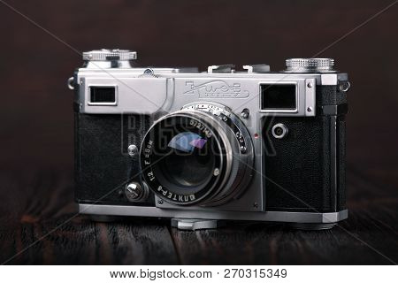 Moscow, Russia, April 18, 2017. The Old Soviet Rangefinder Camera Contax-2, Kiev-2a, Released 1956.