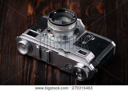 Moscow, Russia, April 18, 2017. The Old Soviet Rangefinder Camera Contax-2, Kiev-2a, Released 1956.