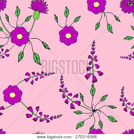 Seamless Pattern With Wild Flowers In The Style Of The Doodle