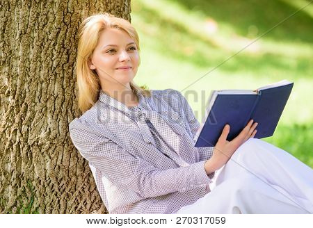 Self Improvement And Education Concept. Female Self Improvement. Girl Lean On Tree While Relax In Pa