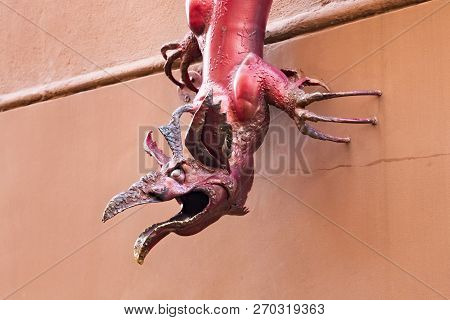 Klaipeda, Lithuania - September 22, 2018: Fragment Of The Steel Sculpture Known As Dragon In The His