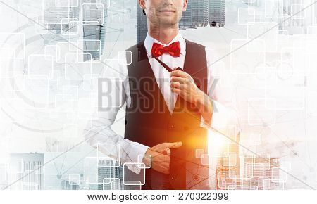 Confident And Young Businessman In Smart-casual Wear Smoking Pipe And Modern Cityscape With Business