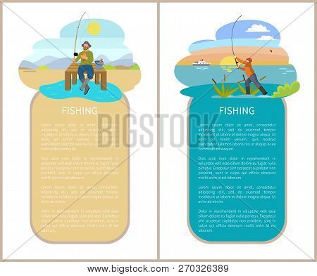 Fishing Posters Text Set With Men Holding Rods On Rivers Bank. Fishermen And Bucket With Fish. Hunte