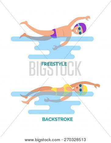 Freestyle And Backstroke Professional Swimmers. Water Sport, Female And Male Competition In Differen