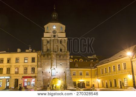 Lublin, Poland - January 17, 2018: Krakow Gate (brama Krakowska) In Lublin Old Town At Night