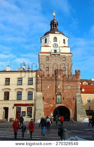 Lublin, Poland - January 18, 2018: Krakow Gate (brama Krakowska) In Lublin Old Town