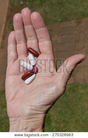 A Close Up View Of A Womens Plam Of Her Hand Holding Seven Pills