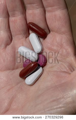 A Close Up View Of A Womens Plam Of Her Hand Holding Seven Pills