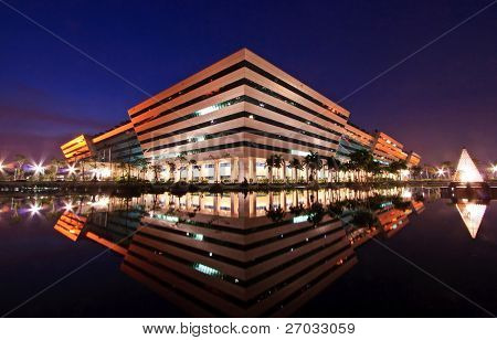 BANGKOK, THAILAND-SEP 25: Landscape of Government Complex Building shines at Dusk on Sep 25.2010 in Bangkok. Government Complex has 34 government units located at Chaeng Wattana Street in Bangkok.