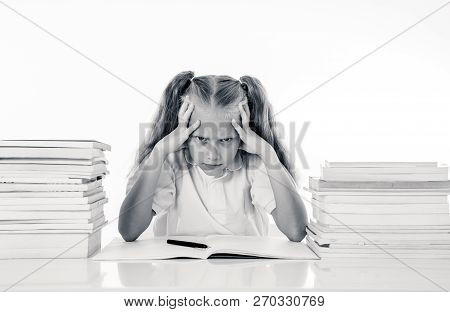 Sad Unhappy Cute Little Girl Overwhelm With Homework And Studies