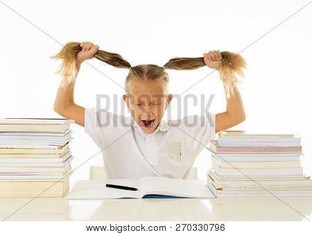 Stressed Schoolgirl Overwhelmed With Too Much Homework Hatting Studying And School