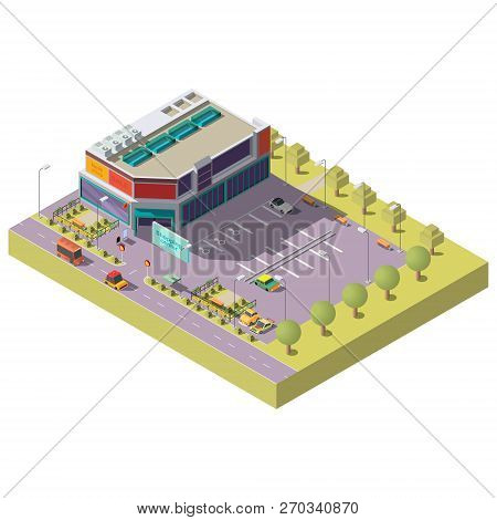 Modern Mall, Shopping Center Or Supermarket With Cars On Big Parking Isometric Projection Vector. Mo