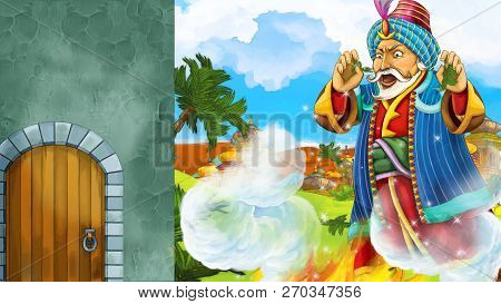 Cartoon Scene With Medieval Arabic Kingdom Prince Or King Traveling Near Wooden Door Entrance - Far 