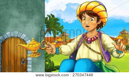 Cartoon Scene With Medieval Arabic Kingdom Prince Or King Traveling Near Wooden Door Entrance - Far 