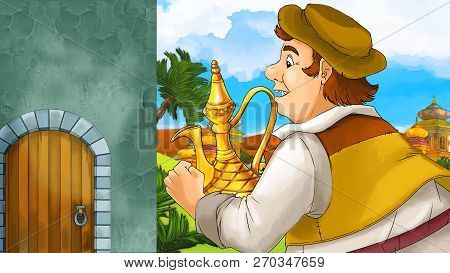 Cartoon Scene With Medieval Arabic Kingdom Prince Or King Traveling Near Wooden Door Entrance - Far 