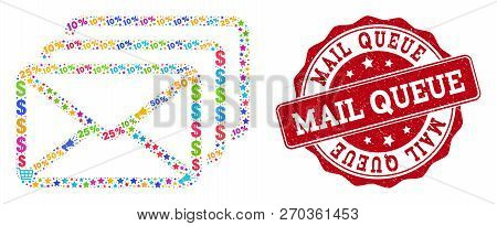 Trading Collage Of Mail Queue Mosaic And Rubber Seal. Mosaic Mail Queue Collage Is Constructed With 