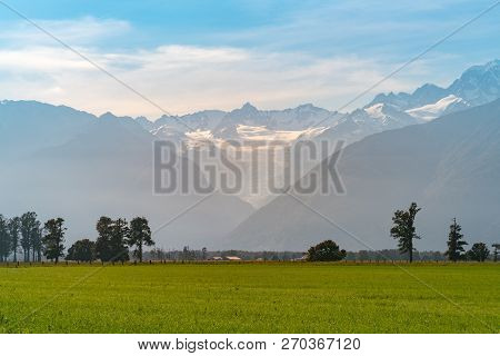 Fox Glacier With Green Glass Field, New Zealand Natural Landscape Background