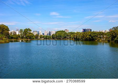 Amazing view of Sao Paulo city from Ibirapuera Park , Brazil. The Ibirapuera is one of Latin America largest city parks.