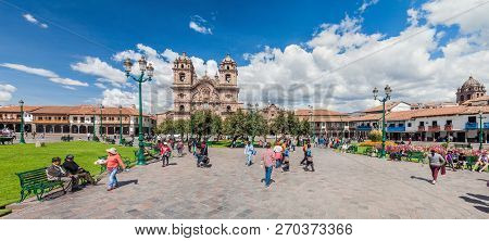 Cuzco, Peru - May 23, 2015:  La Compania De Jesus Church On Plaza De Armas Square In Cuzco, Peru.
