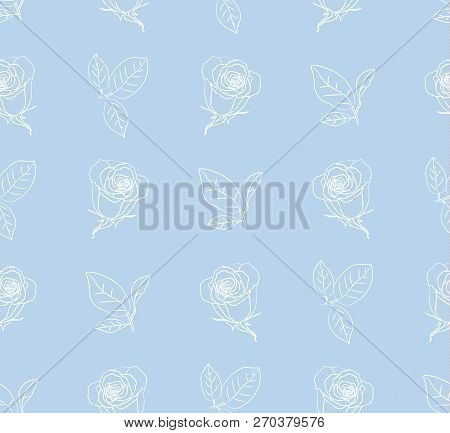 Seamless Pattern White Roses On Blue Background. Vector Illustration