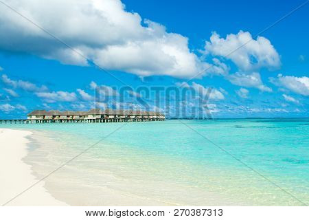 Beautiful Landscape Of Over Water Villas, Maldives Island, Indian Ocean