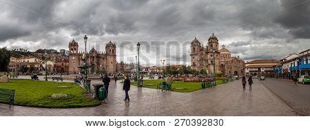 Cuzco, Peru - May 23, 2015:  Cathedral And La Compania De Jesus Church On Plaza De Armas Square In C