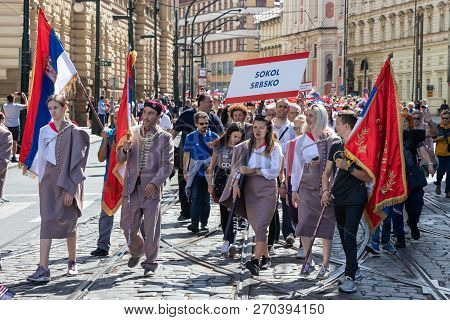 Prague, Czech Republic - July 1, 2018: Visitors From Serbia Parading At Sokolsky Slet, A Once-every-