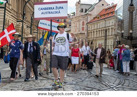 Prague, Czech Republic - July 1, 2018: Australian Visitors Parading At Sokolsky Slet, A Once-every-s