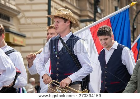 Prague, Czech Republic - July 1, 2018: People Parading At Sokolsky Slet, A Once-every-six-years Gath