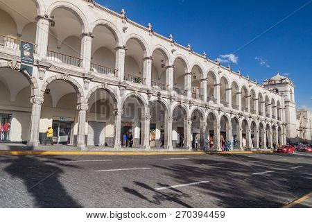 Arequipa, Peru - May 26, 2015: Colonial Houses On Plaza De Armas Square In Arequipa, Peru