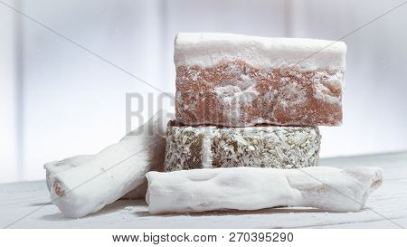Rose Turkish Delight Rahat Lucum, Candy On A White Wooden Background